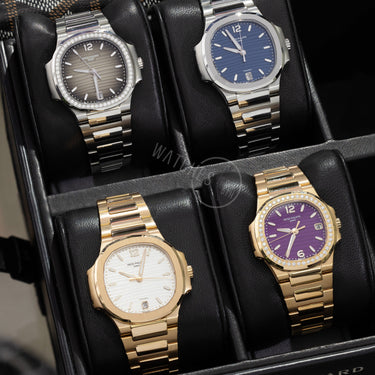 Four Ladies and Unisex Patek Philippe Nautilus laid in a watch box.